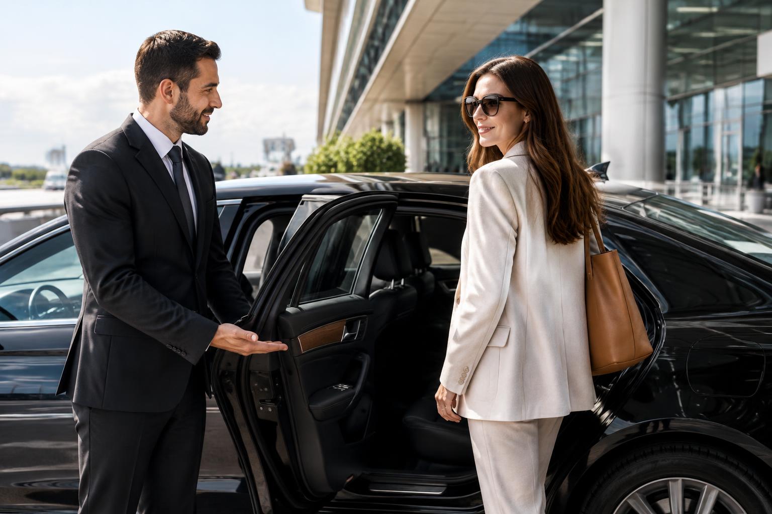 A chauffeur welcoming a traveler to a private car