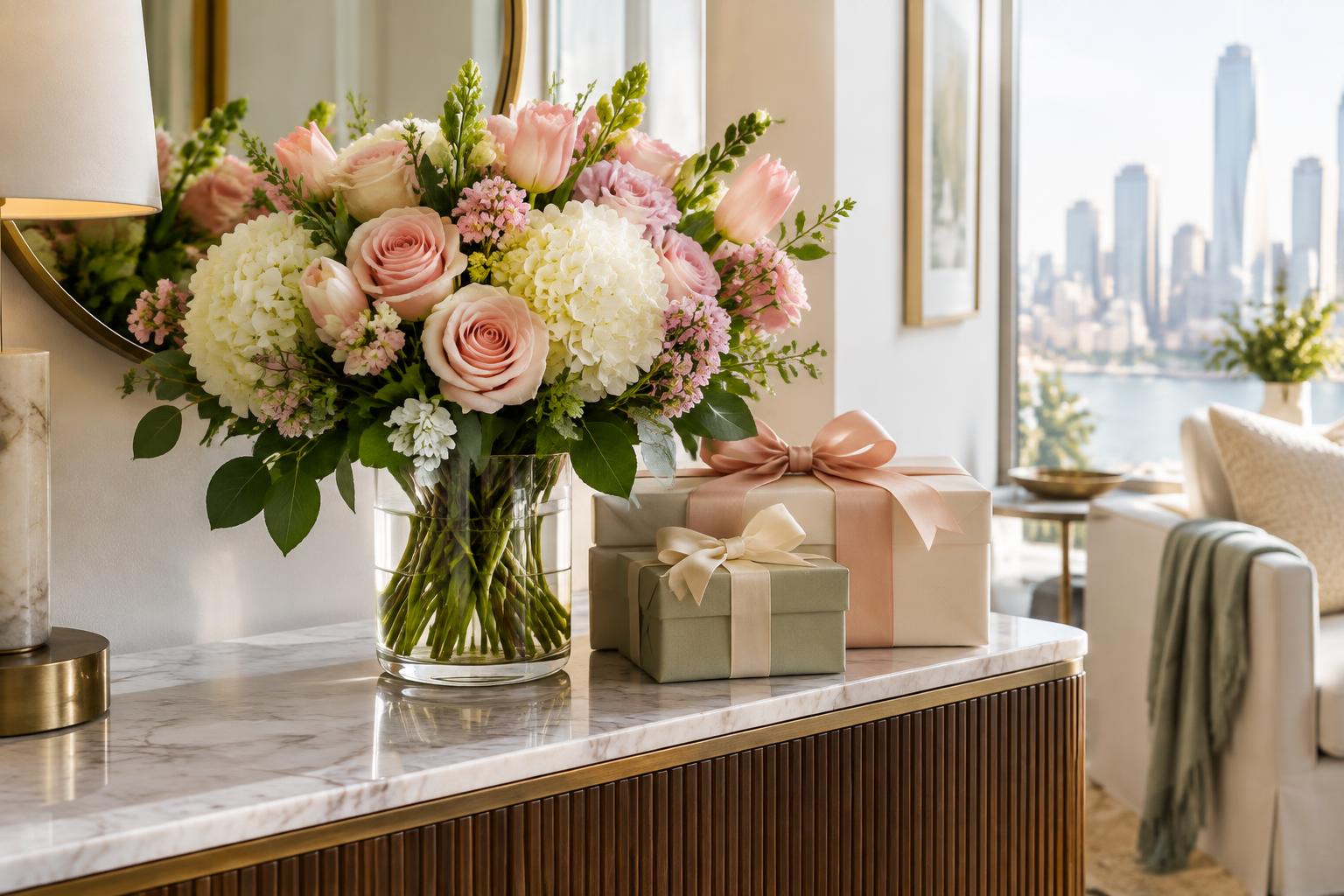 Fresh flowers and ribbon-wrapped gifts ready for delivery