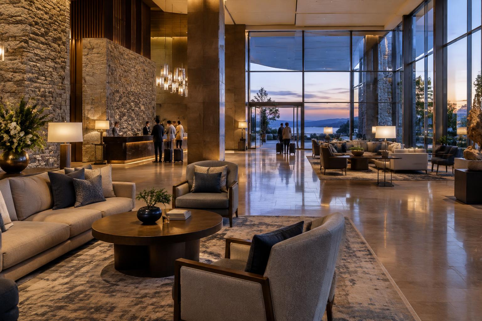 A refined hotel lobby at dusk