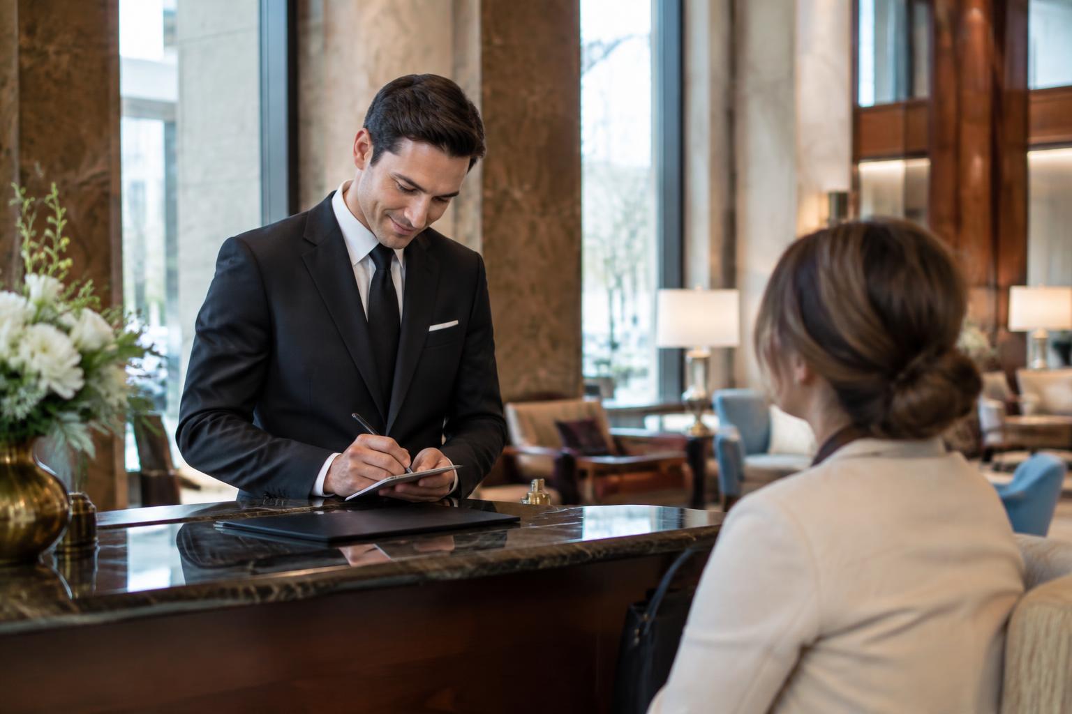 A concierge team member at the service desk taking down a guest's request