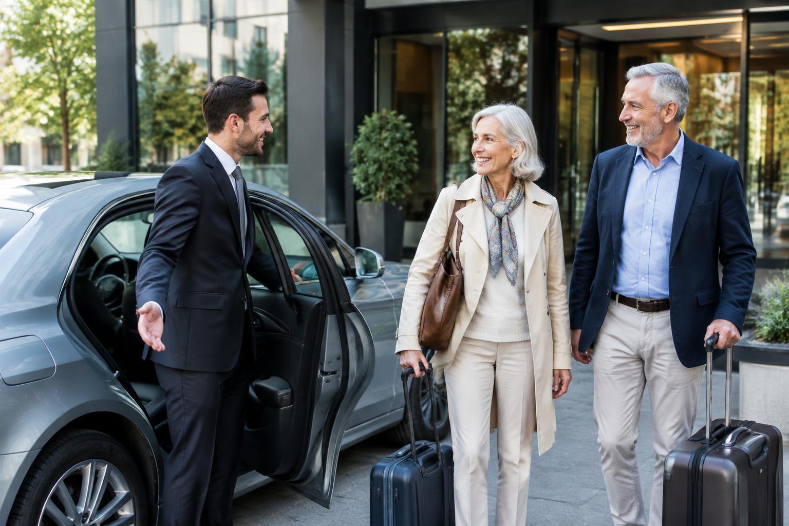 A driver greeting a traveling couple outside a hotel