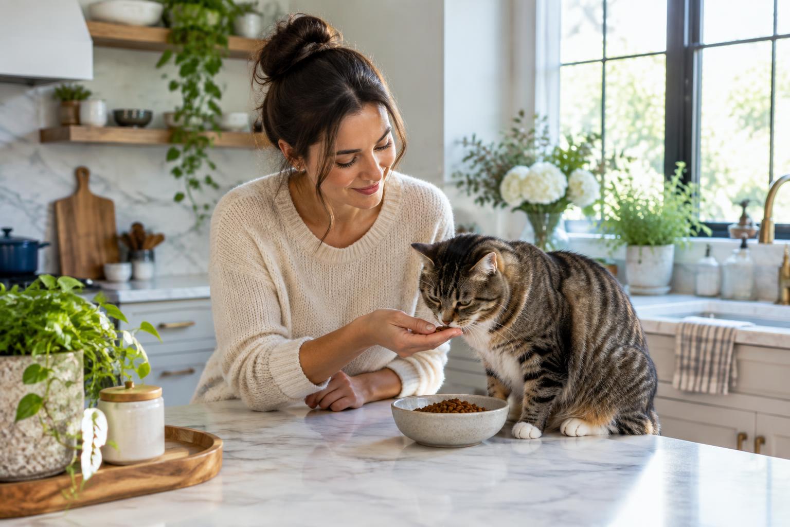 A home caretaker feeding a tabby cat