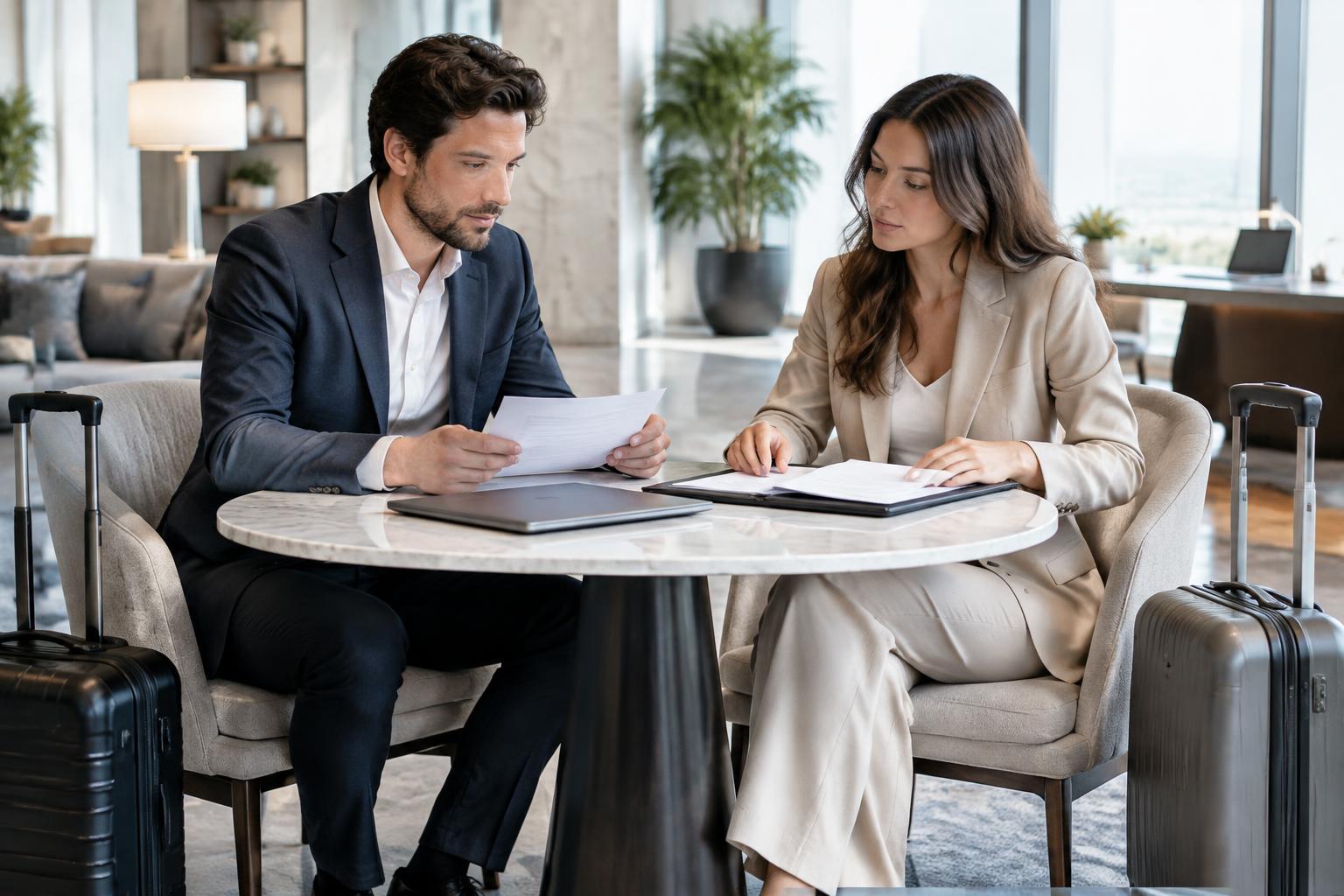 Two business travelers organizing meeting documents