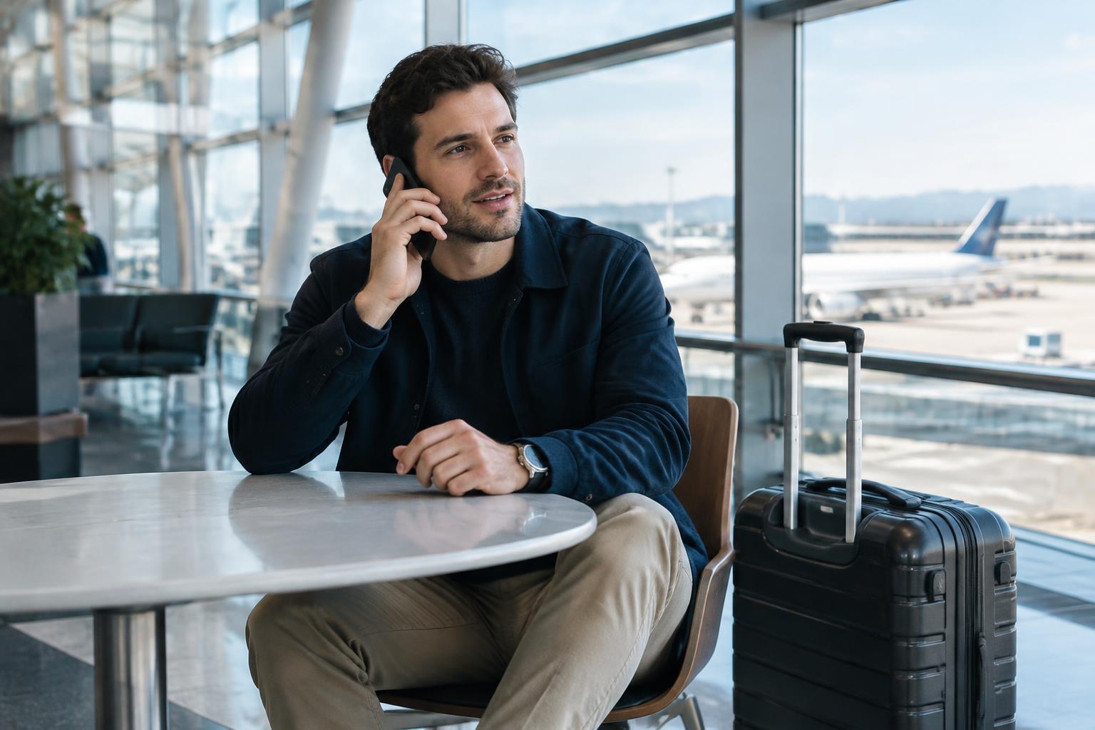 Traveler discussing flight arrangements by phone at an airport table