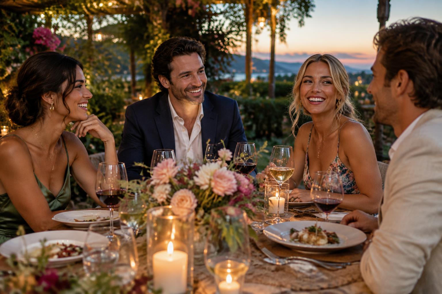 Friends celebrating over dinner in a garden restaurant