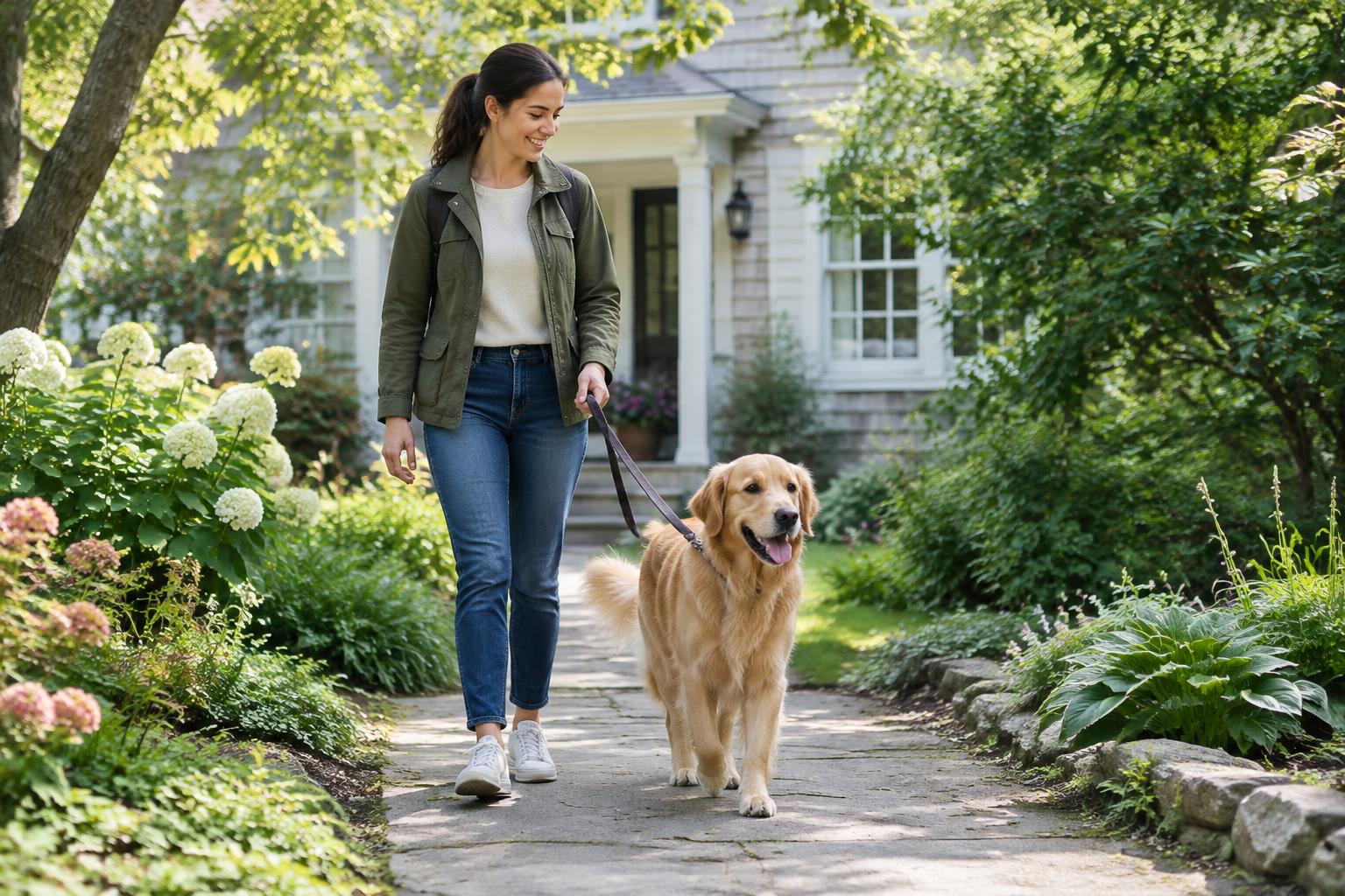 A pet sitter walking a golden retriever in a residential garden