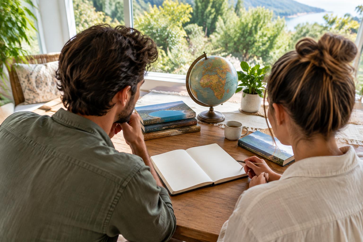 A couple planning their next journey together at home