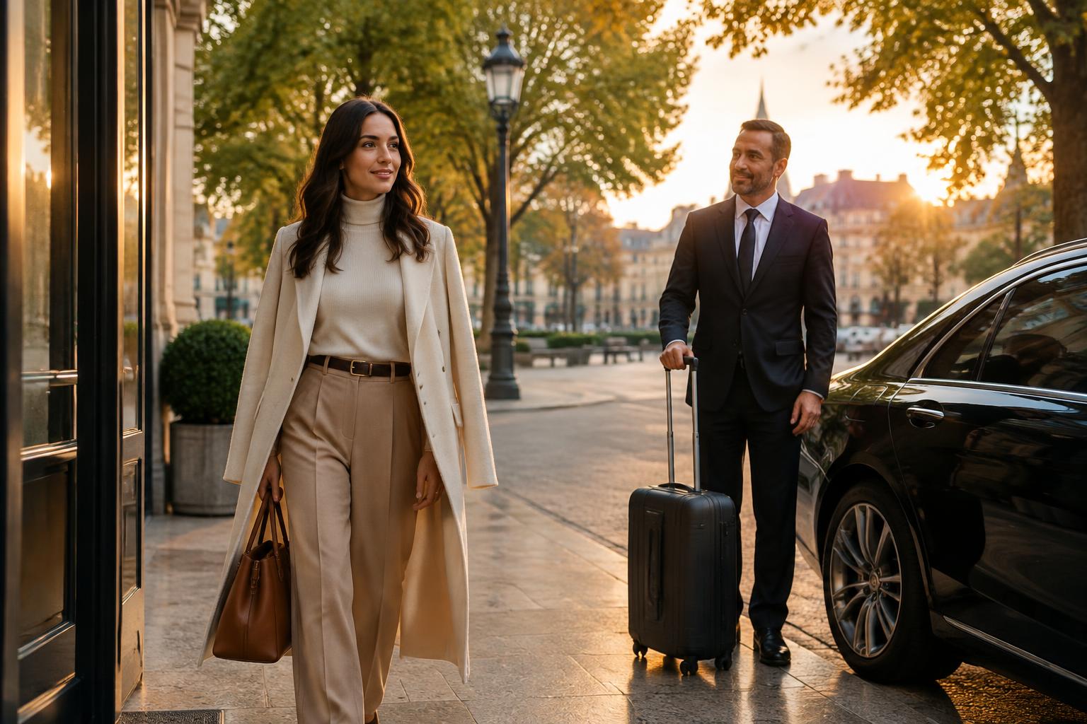 A traveler meeting a waiting driver in a city square
