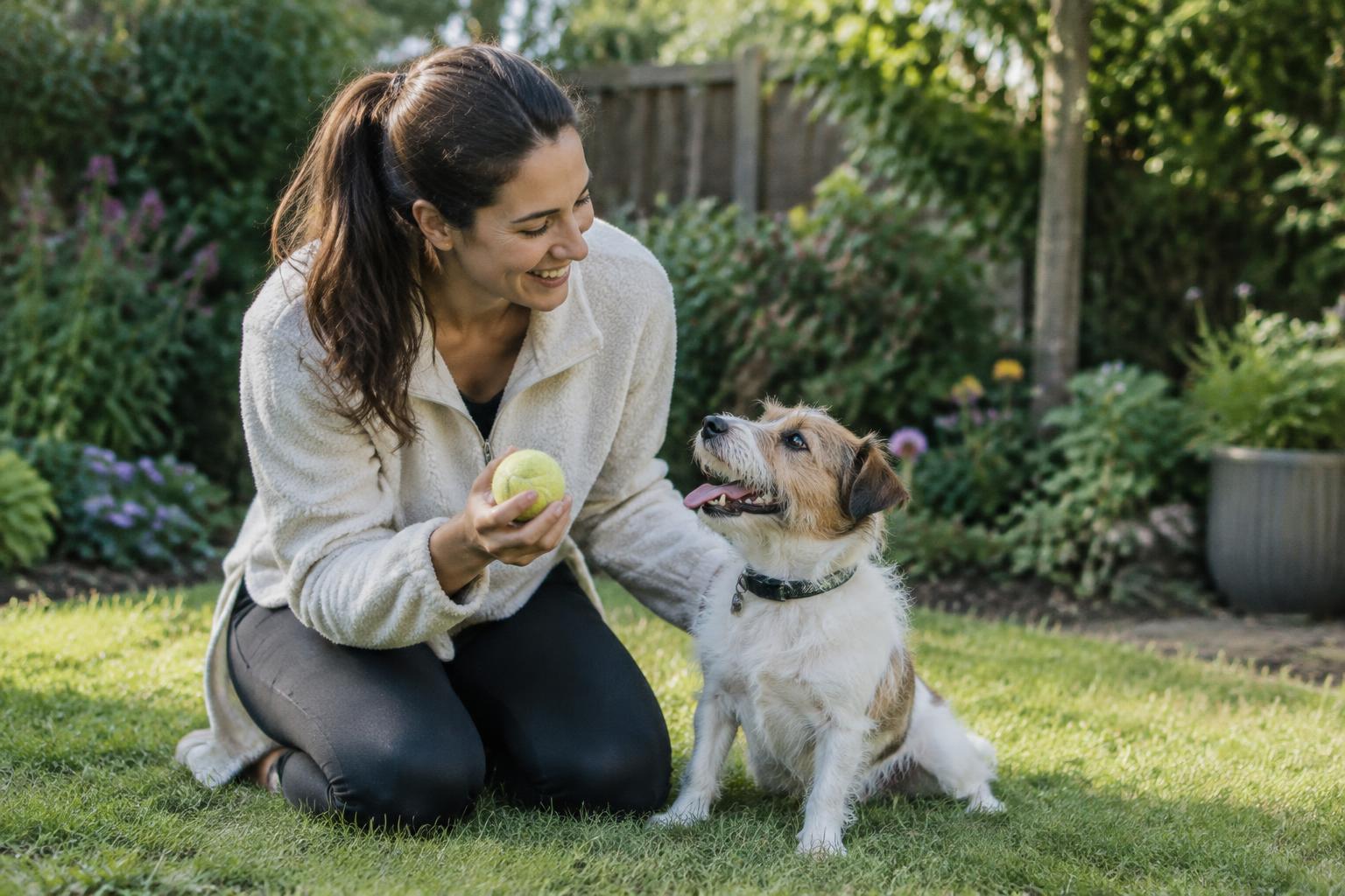 A pet sitter playing with a terrier in a home garden