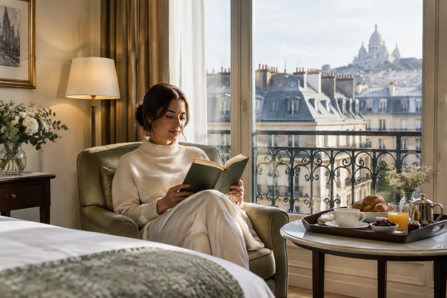A guest reading in a comfortable boutique hotel room